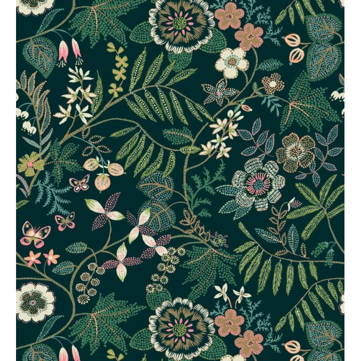 Papel pintado botánico con flores pintadas en técnica de puntillismo - Jasmine Grove 683837