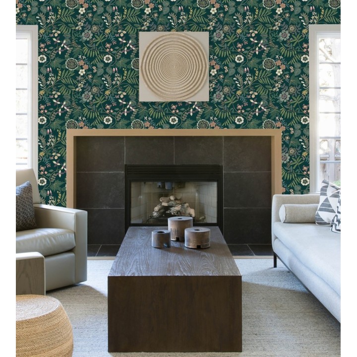 Papel pintado botánico con flores pintadas en técnica de puntillismo - Jasmine Grove 683837