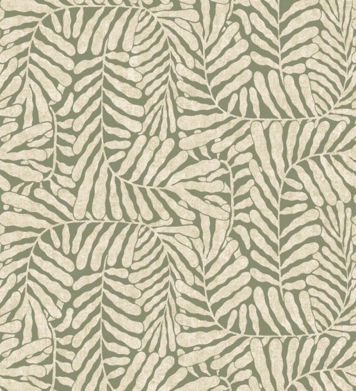 Papel pintado minimalista de hojas nacaradas fondo verde oliva - Riviera Opulent 683844