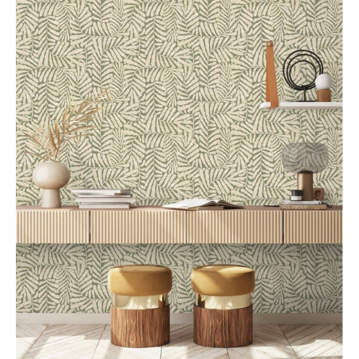 Papel pintado minimalista de hojas nacaradas con fondo verde oliva - Riviera Opulent 683844
