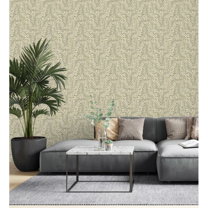 Papel pintado minimalista de hojas nacaradas con fondo verde oliva - Riviera Opulent 683844
