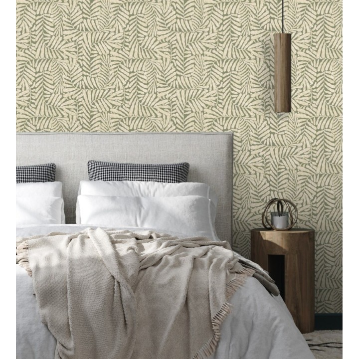 Papel pintado minimalista de hojas nacaradas con fondo verde oliva - Riviera Opulent 683844