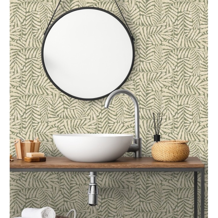 Papel pintado minimalista de hojas nacaradas con fondo verde oliva - Riviera Opulent 683844
