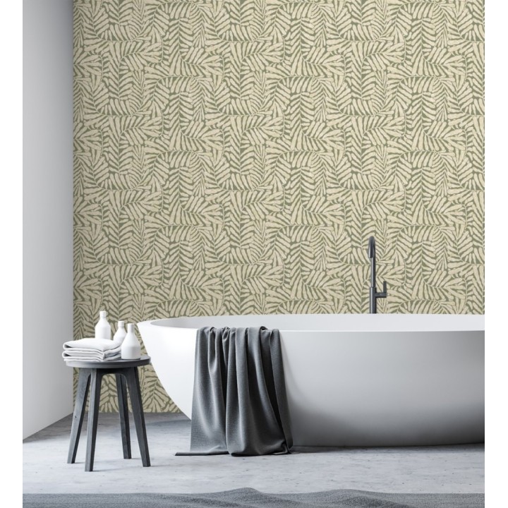 Papel pintado minimalista de hojas nacaradas con fondo verde oliva - Riviera Opulent 683844