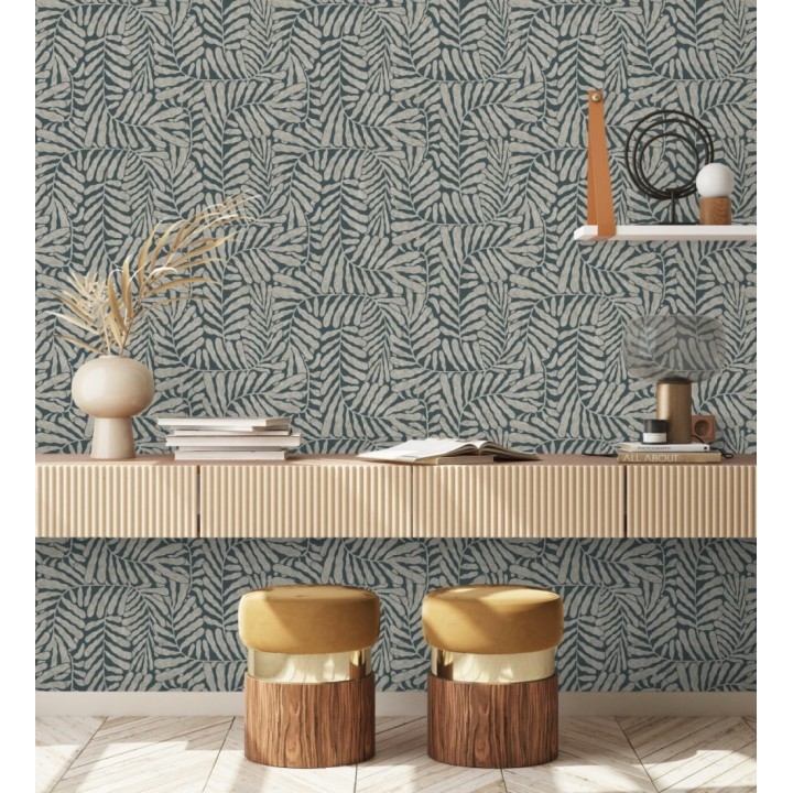Papel pintado minimalista de hojas nacaradas con fondo azul plomo - Riviera Opulent 683845