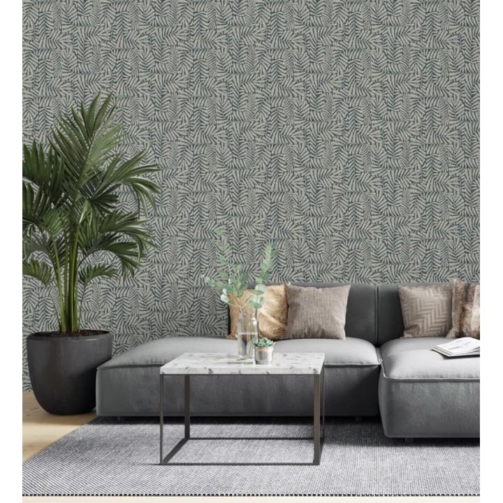 Papel pintado minimalista de hojas nacaradas con fondo azul plomo - Riviera Opulent 683845