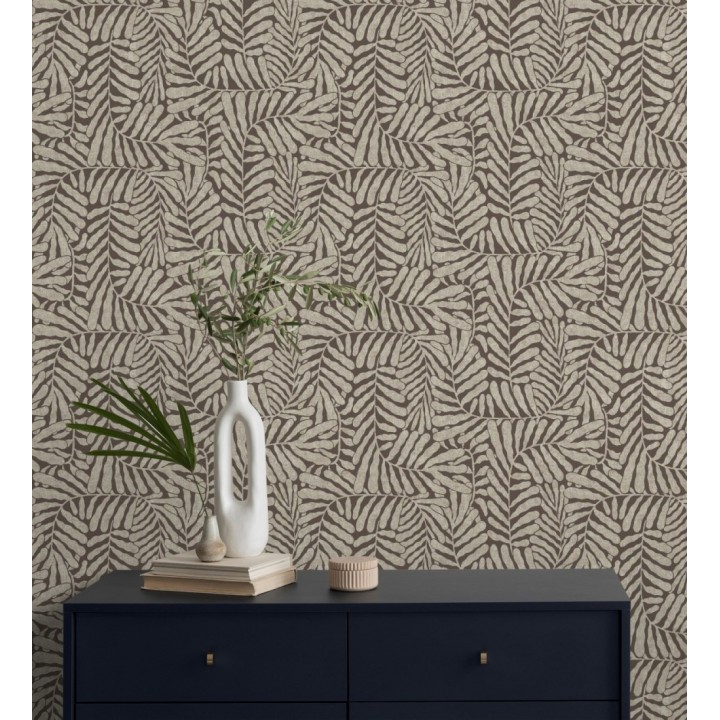 Papel pintado minimalista de hojas nacaradas con fondo marrón - Riviera Opulent 683846