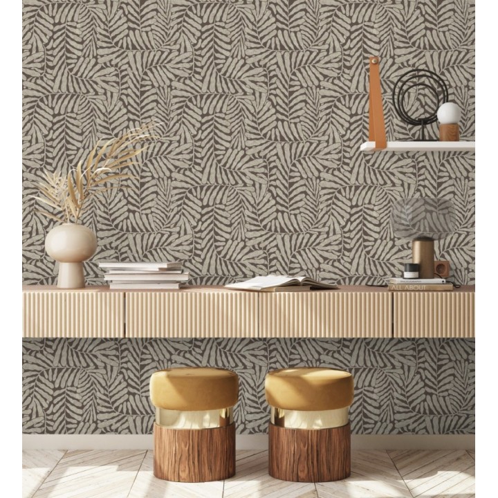 Papel pintado minimalista de hojas nacaradas con fondo marrón - Riviera Opulent 683846