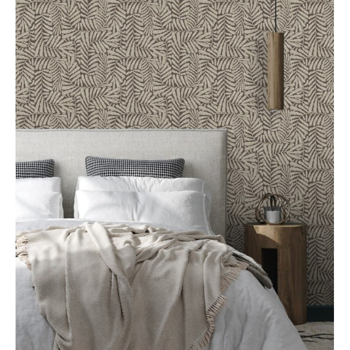 Papel pintado minimalista de hojas nacaradas con fondo marrón - Riviera Opulent 683846