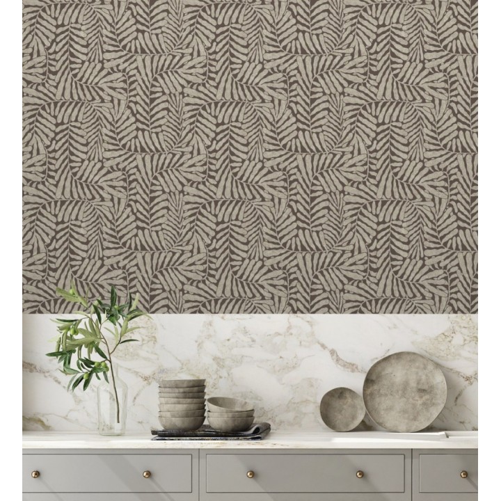 Papel pintado minimalista de hojas nacaradas con fondo marrón - Riviera Opulent 683846
