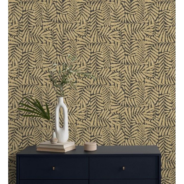 Papel pintado minimalista de hojas nacaradas con fondo negro - Riviera Opulent 683848