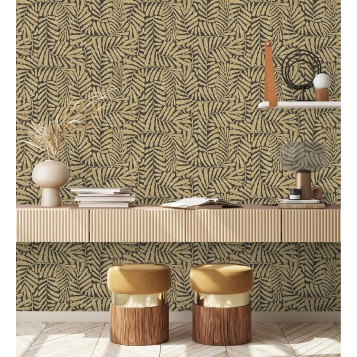 Papel pintado minimalista de hojas nacaradas con fondo negro - Riviera Opulent 683848