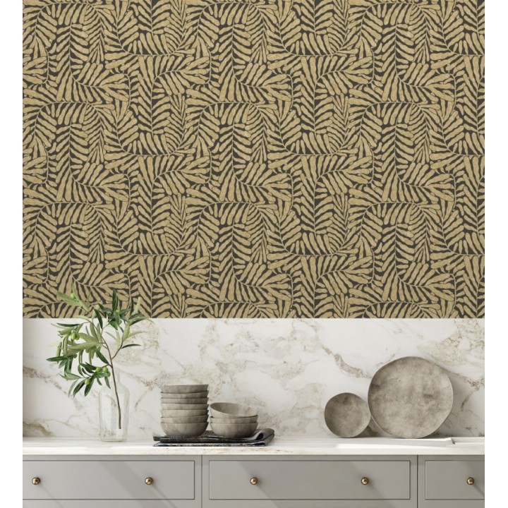 Papel pintado minimalista de hojas nacaradas con fondo negro - Riviera Opulent 683848
