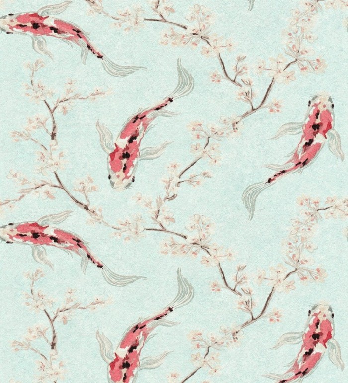 Papel pintado de peces carpa y flores de cerezo estilo japonés - Kaori Garden 126375