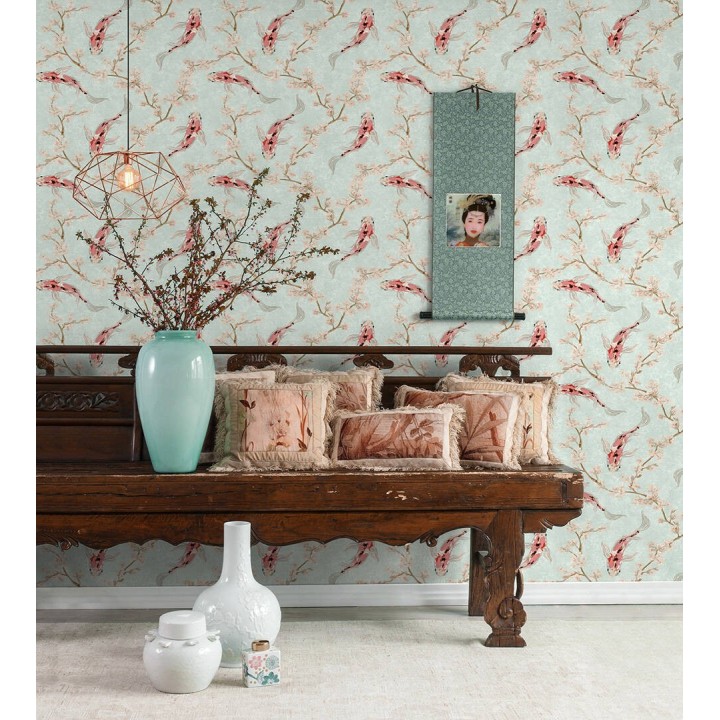 Papel pintado de peces carpa y flores de cerezo estilo japonés - Kaori Garden 126375