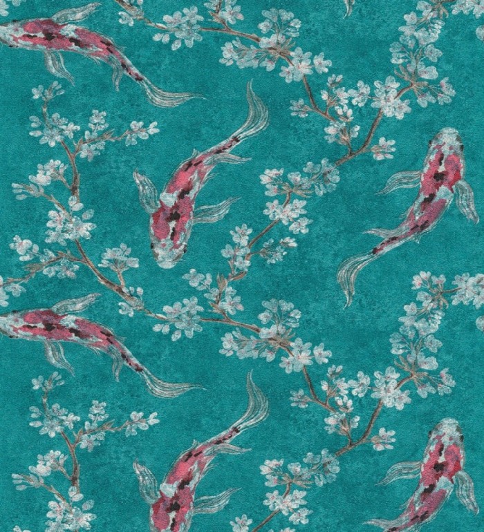 Papel pintado de peces carpa y flores de cerezo estilo japonés - Kaori Garden 126377