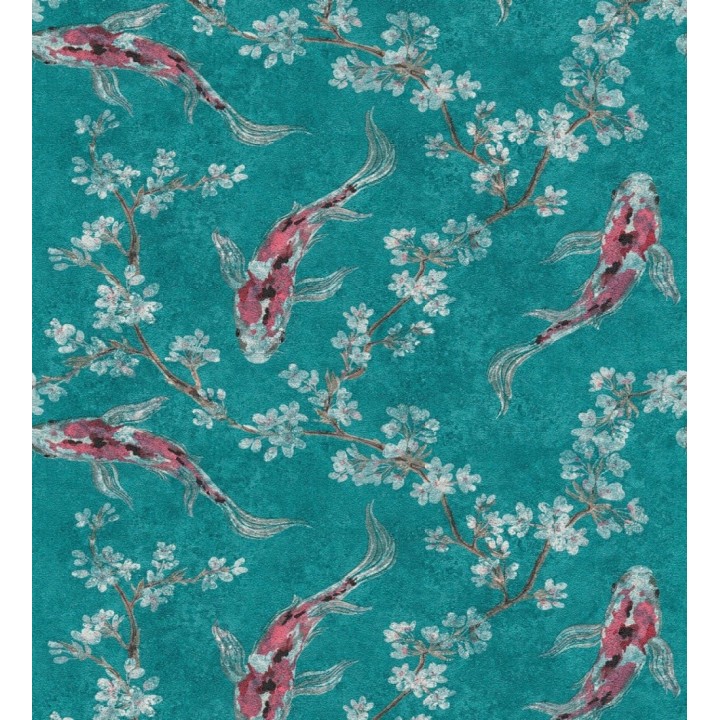 Papel pintado de peces carpa y flores de cerezo estilo japonés - Kaori Garden 126377
