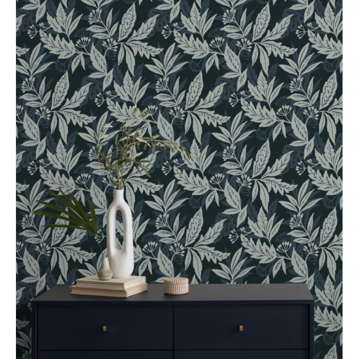 Papel pintado artesanal de hojas estampadas con pintura - Claridge Opaline 683857