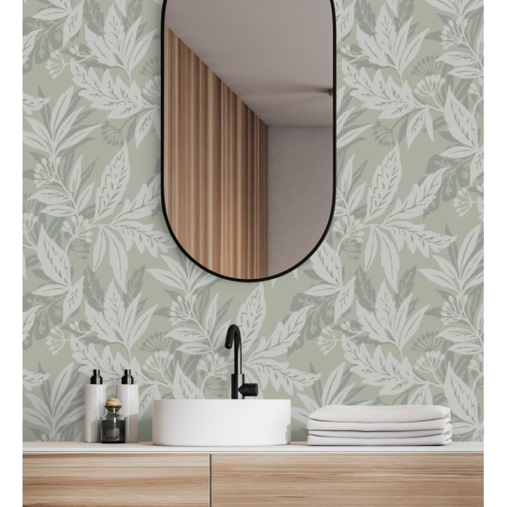 Papel pintado artesanal de hojas estampadas con pintura - Claridge Opaline 683858