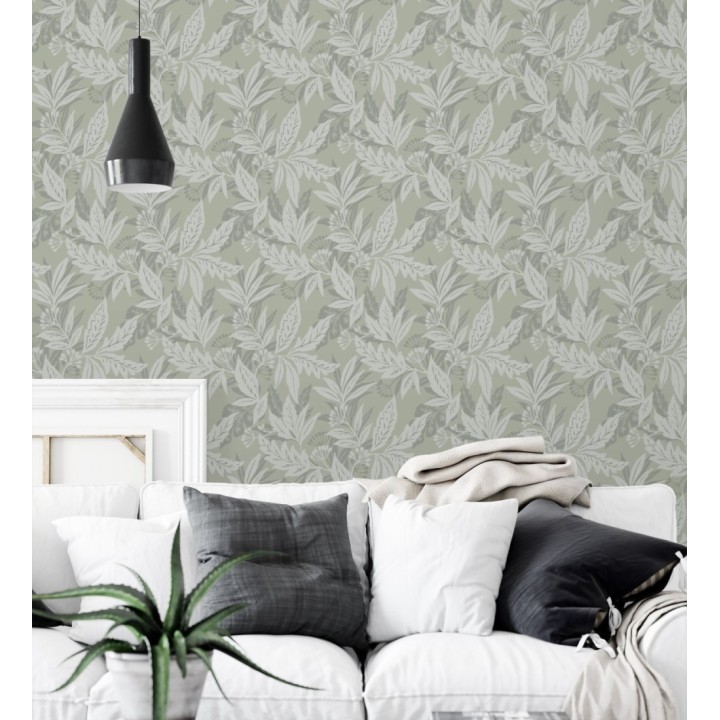 Papel pintado artesanal de hojas estampadas con pintura - Claridge Opaline 683858