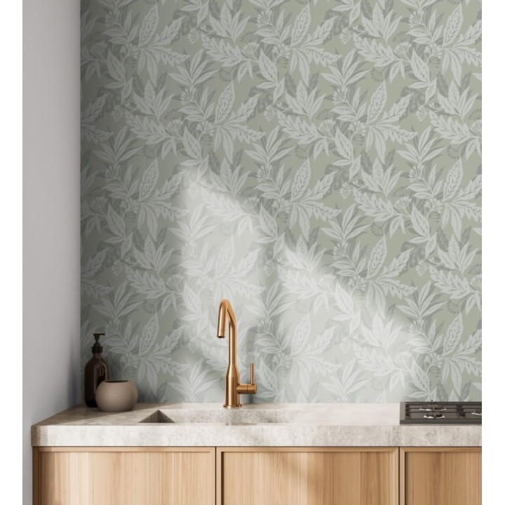 Papel pintado artesanal de hojas estampadas con pintura - Claridge Opaline 683858