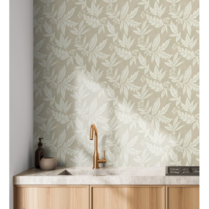 Papel pintado artesanal de hojas estampadas con pintura - Claridge Opaline 683860