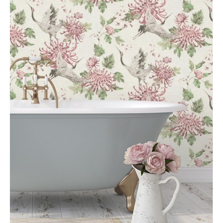 Papel pintado pájaros y flores estilo japonés - Zen Garden 126379