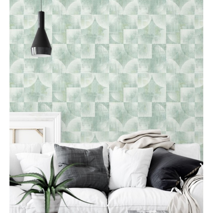 Papel pintado geométrico retro con tonos desgastados en verde manzana - Harlem Rhythmic 683871