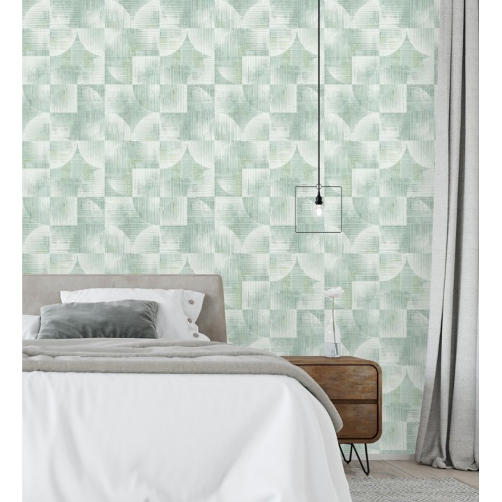 Papel pintado geométrico retro con tonos desgastados en verde manzana - Harlem Rhythmic 683871