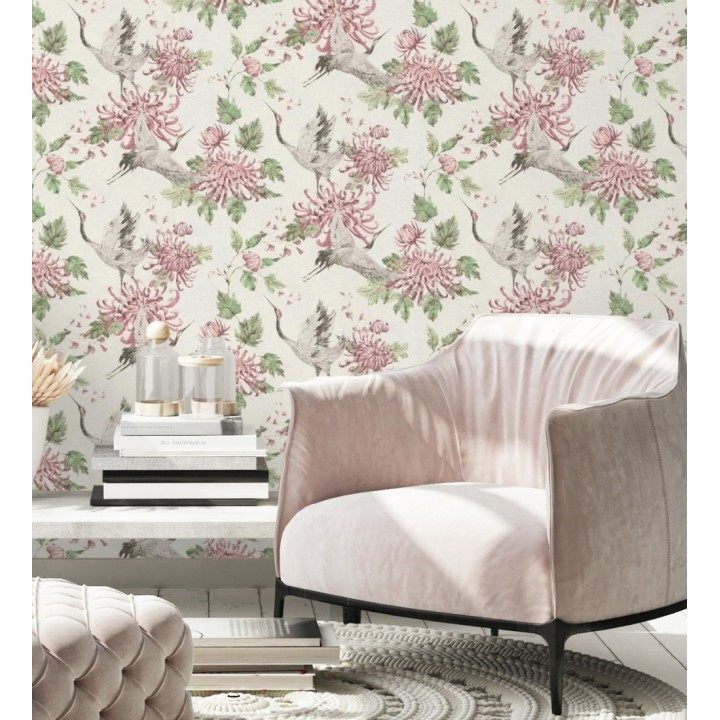 Papel pintado pájaros y flores estilo japonés - Zen Garden 126379