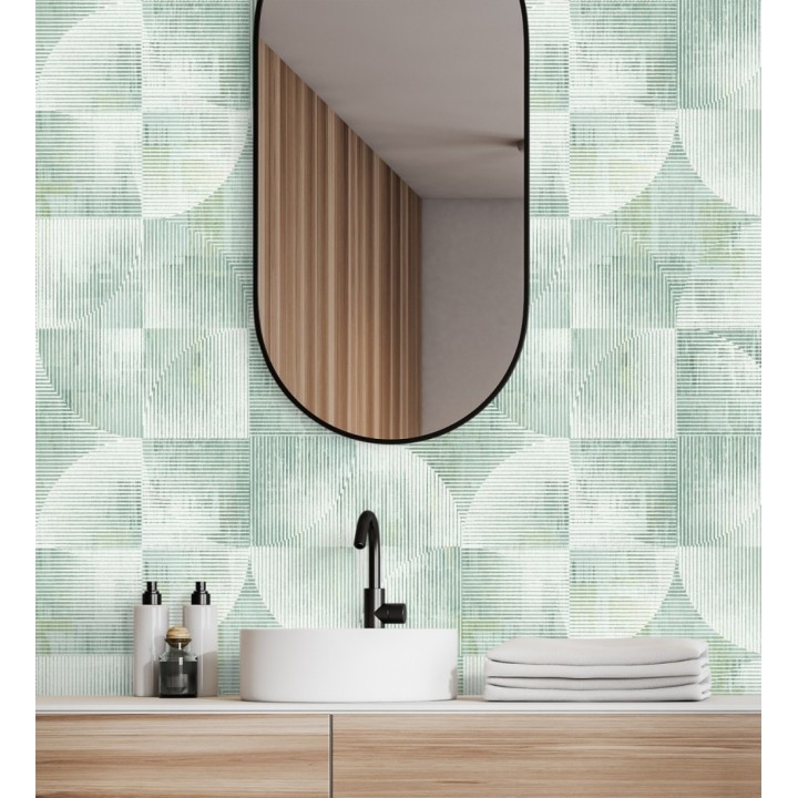 Papel pintado geométrico retro con tonos desgastados en verde manzana - Harlem Rhythmic 683871