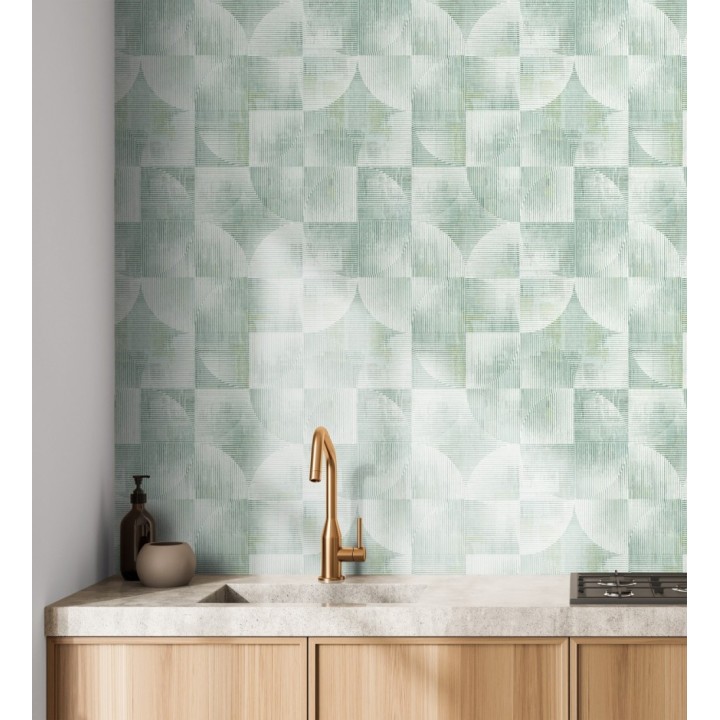 Papel pintado geométrico retro con tonos desgastados en verde manzana - Harlem Rhythmic 683871