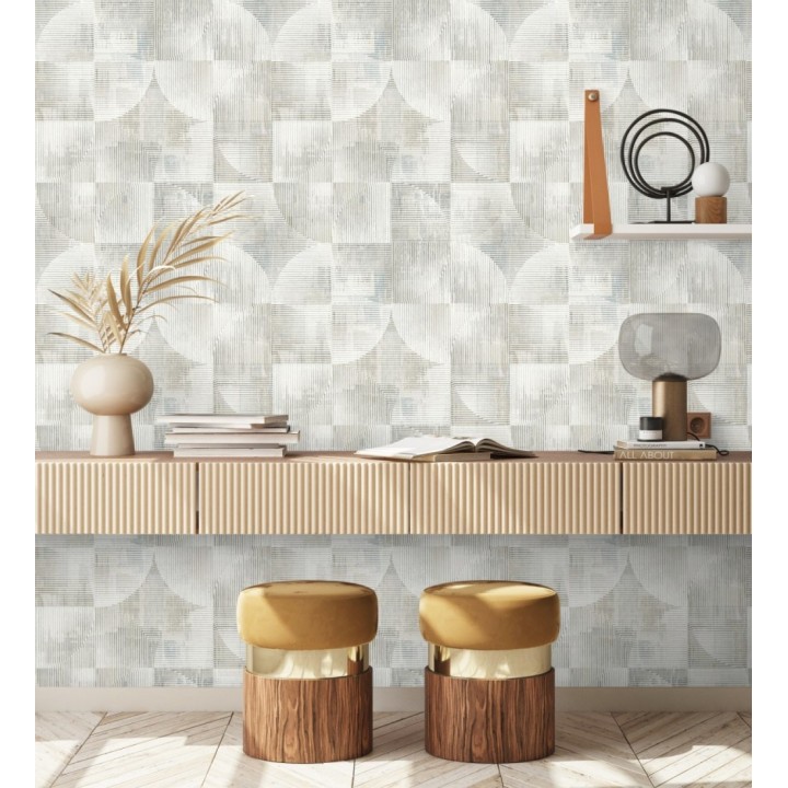 Papel pintado geométrico retro con tonos desgastados en beige y gris - Harlem Rhythmic 683873