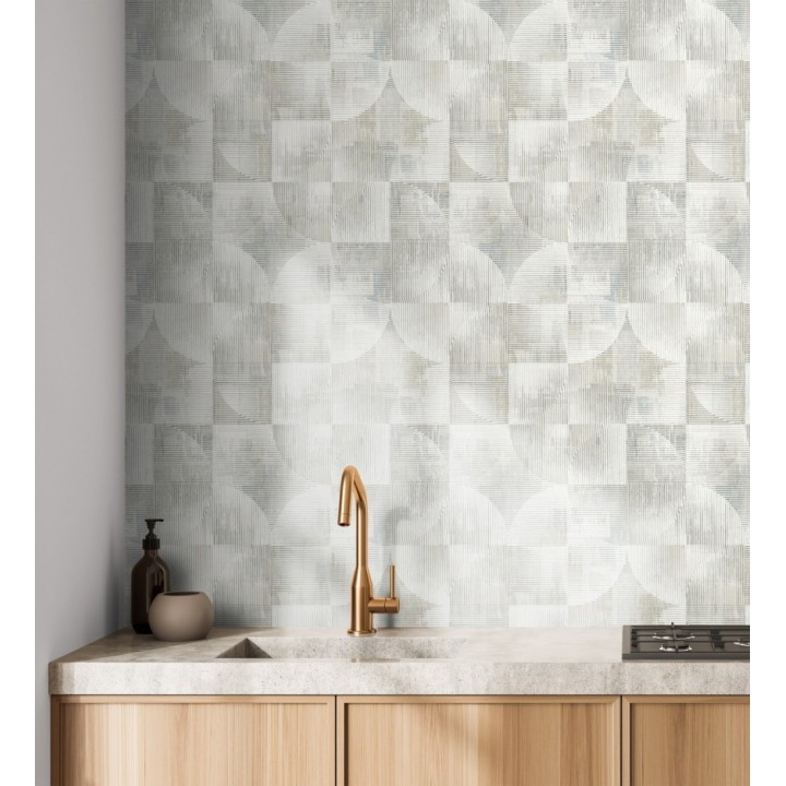 Papel pintado geométrico retro con tonos desgastados en beige y gris - Harlem Rhythmic 683873