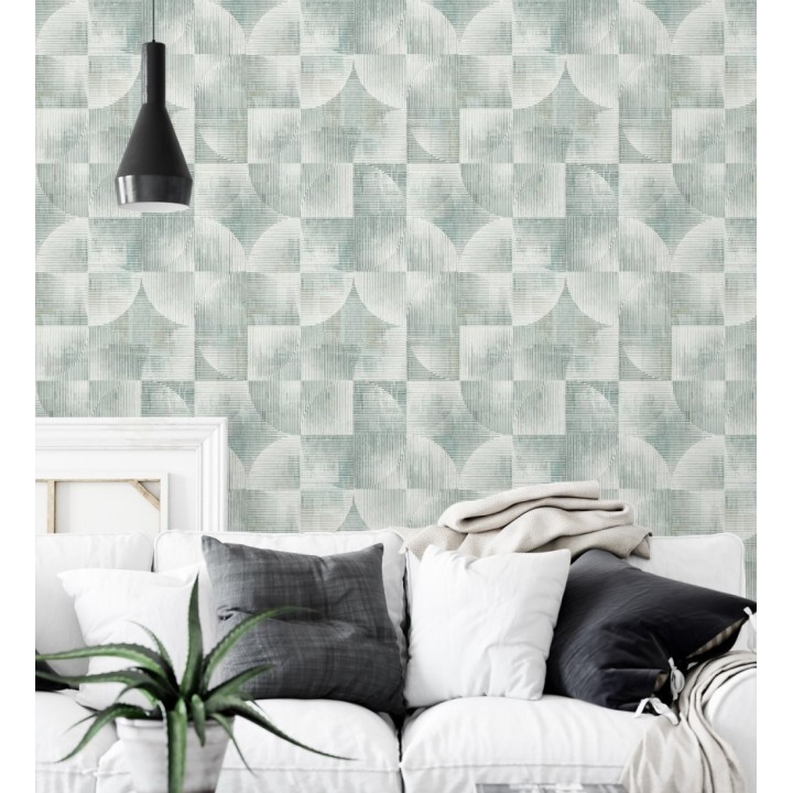 Papel pintado geométrico retro con tonos desgastados en verde laurel - Harlem Rhythmic 683874