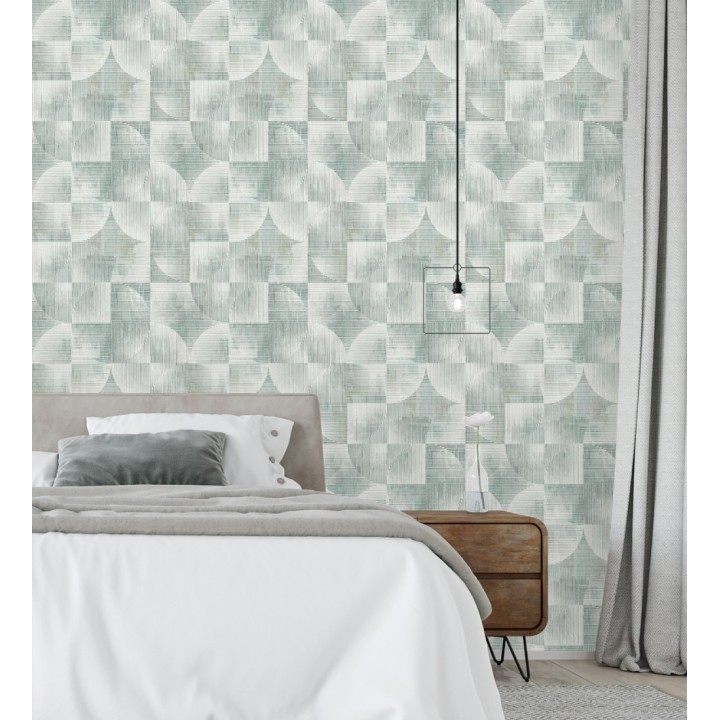 Papel pintado geométrico retro con tonos desgastados en verde laurel - Harlem Rhythmic 683874