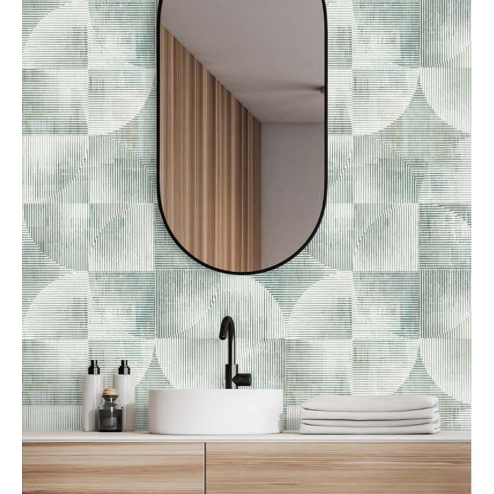 Papel pintado geométrico retro con tonos desgastados en verde laurel - Harlem Rhythmic 683874