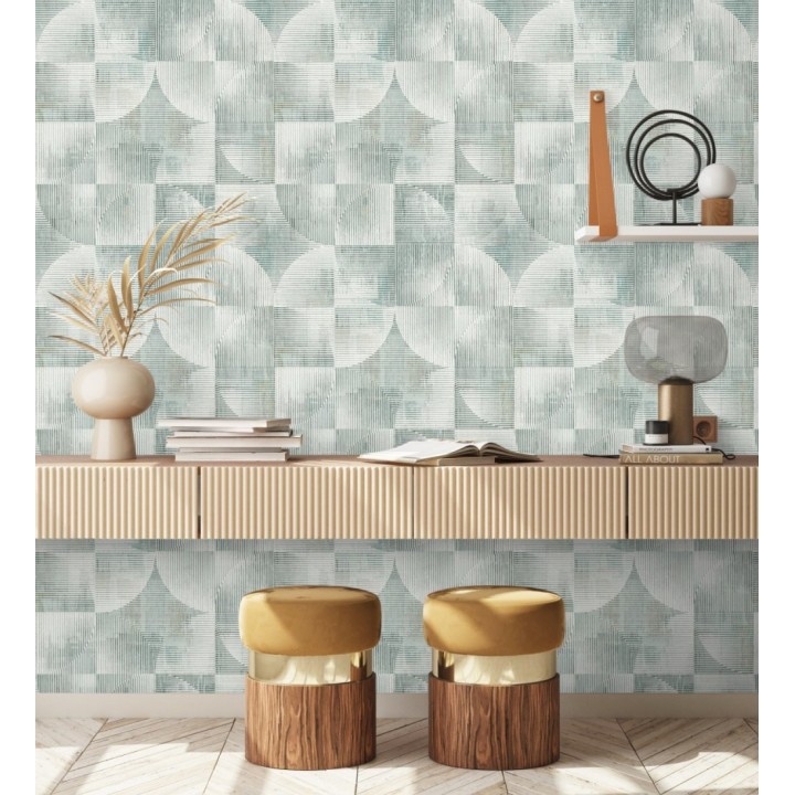 Papel pintado geométrico retro con tonos desgastados en verde laurel - Harlem Rhythmic 683874