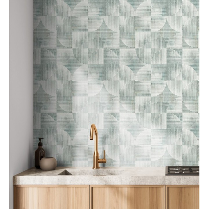 Papel pintado geométrico retro con tonos desgastados en verde laurel - Harlem Rhythmic 683874