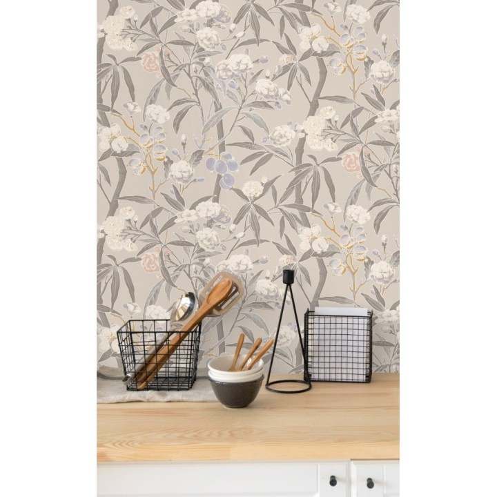 Papel pintado de hojas con flores y frutos - Kendra Bloom 126387