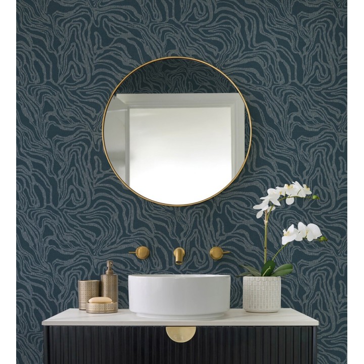 Papel pintado abstracto de ondas orgánicas color nácar plata y azul - Caspian Waves 683892