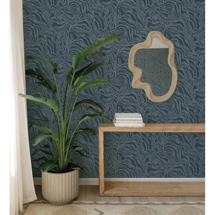 Papel pintado abstracto de ondas orgánicas color nácar plata y azul - Caspian Waves 683892