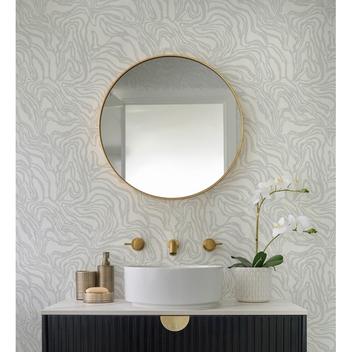 Papel pintado abstracto de ondas orgánicas color nácar gris y blanco roto - Caspian Waves 683893