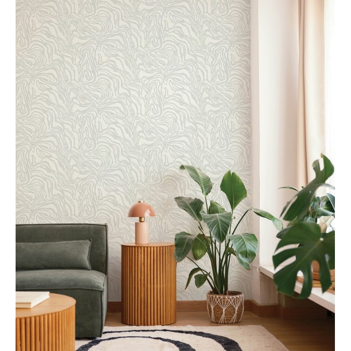 Papel pintado abstracto de ondas orgánicas color nácar gris y blanco roto - Caspian Waves 683893