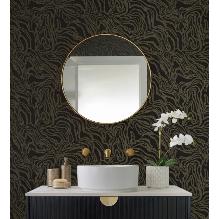 Papel pintado abstracto de ondas orgánicas color dorado y negro - Caspian Waves 683894