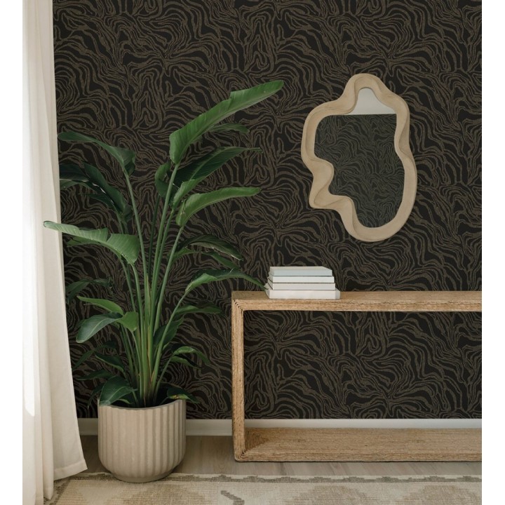 Papel pintado abstracto de ondas orgánicas color dorado y negro - Caspian Waves 683894