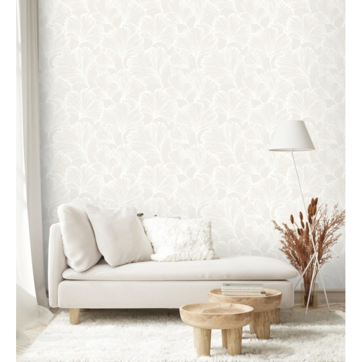 Papel pintado hojas ginkgo biloba color blanco y beige nacarado - Sofia Leaves 683895