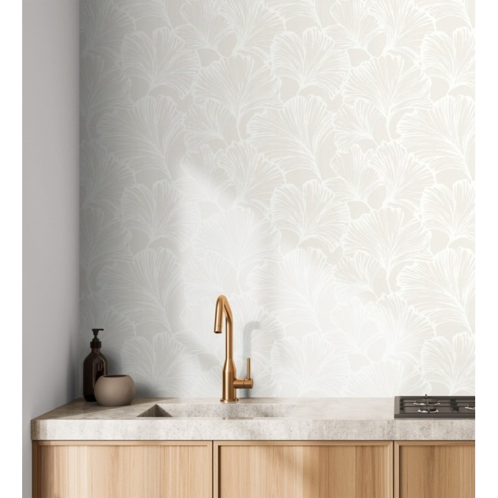 Papel pintado hojas ginkgo biloba color blanco y beige nacarado - Sofia Leaves 683895