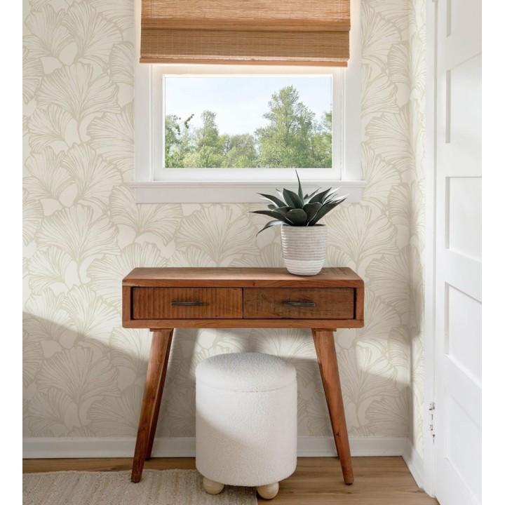 Papel pintado hojas ginkgo biloba color nácar y arena - Sofia Leaves 683896