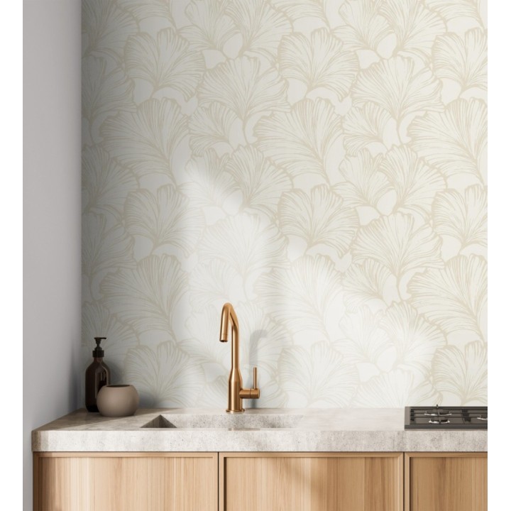 Papel pintado hojas ginkgo biloba color nácar y arena - Sofia Leaves 683896